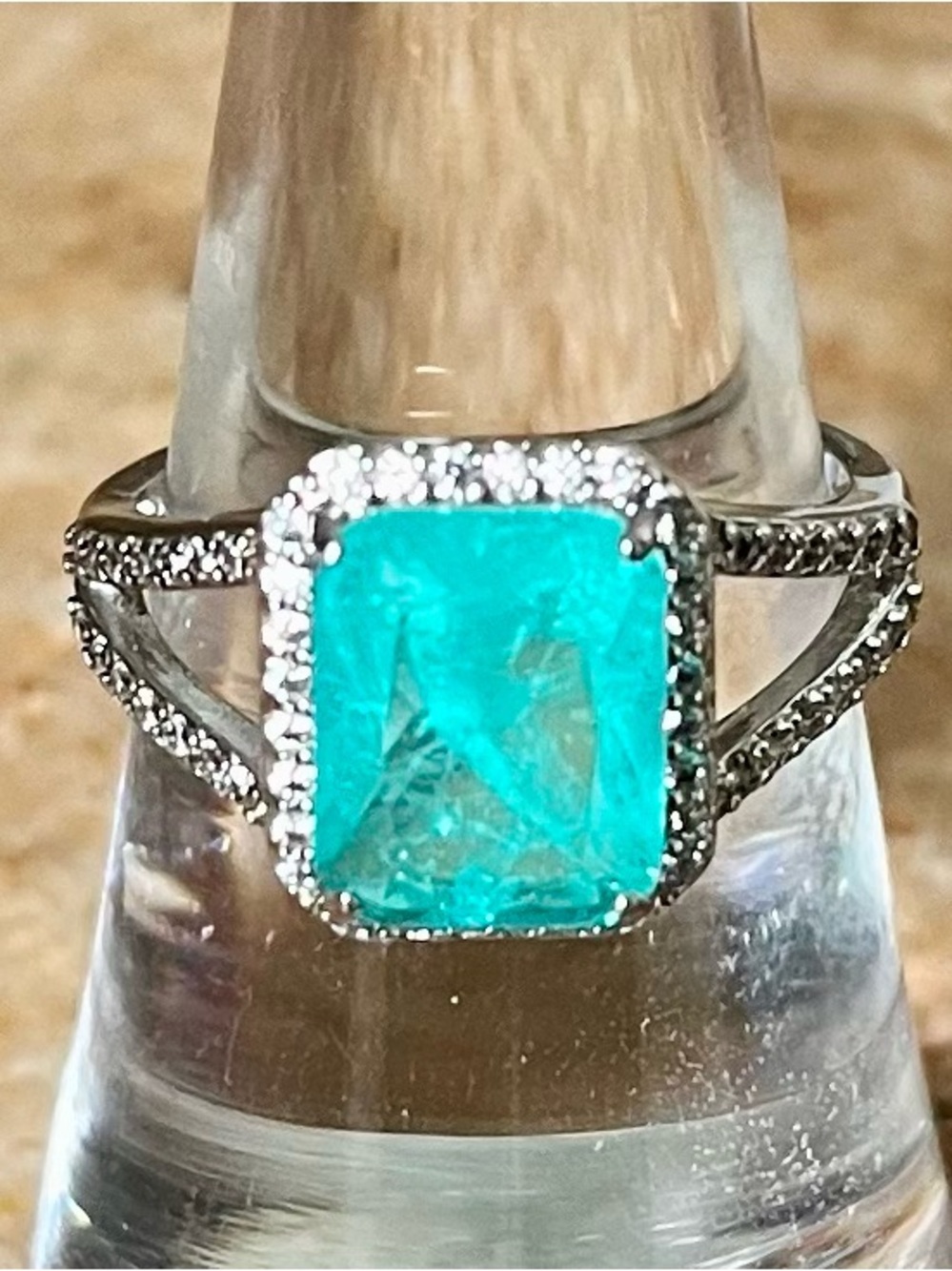 BP RETRO Rhodium Emerald-Cut Aqua & White Topaz Halo Ring